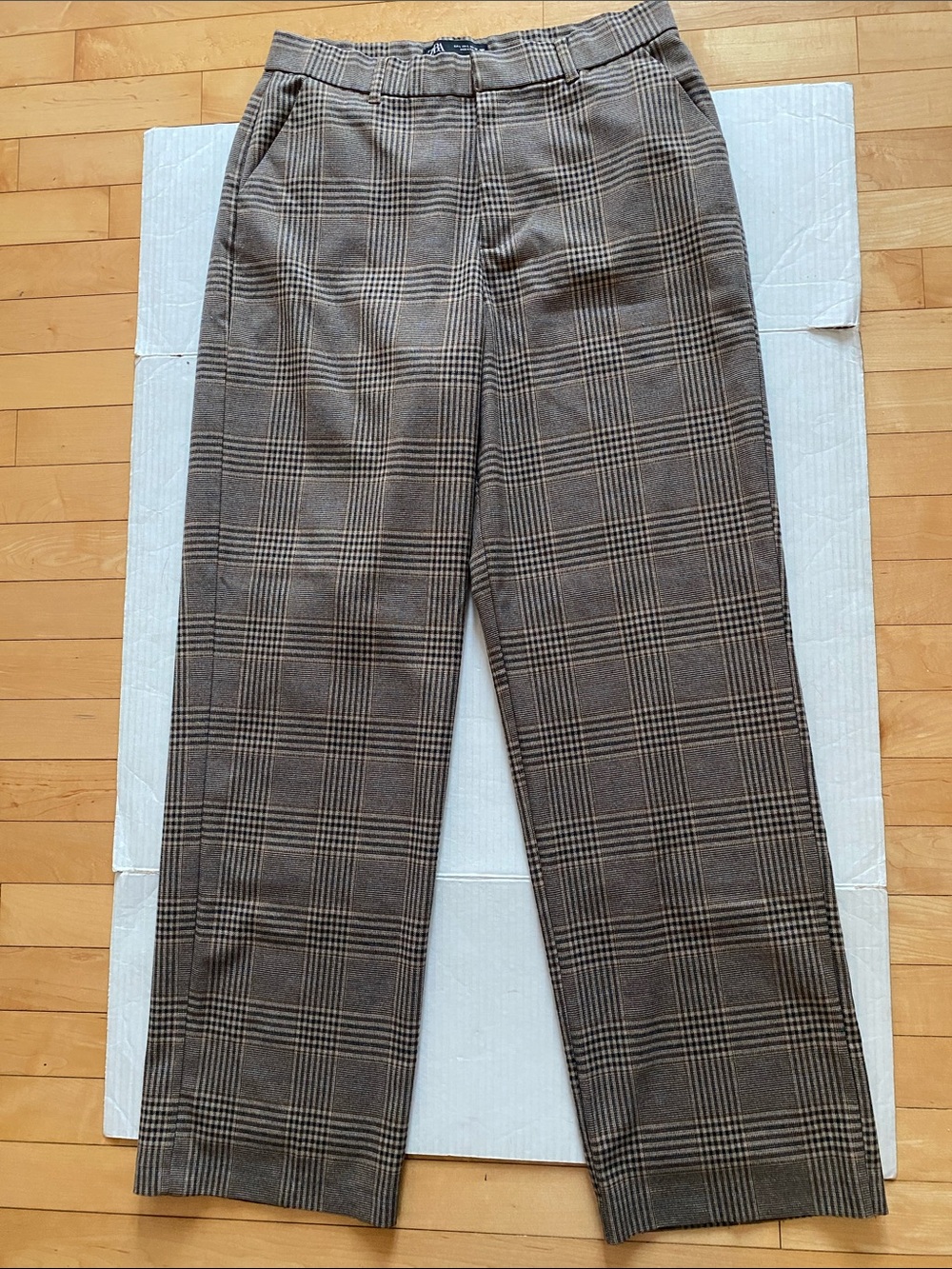 Zara Brown/Tan Classic Plaid wide leg straight Dress Trousers/Pants Size Large